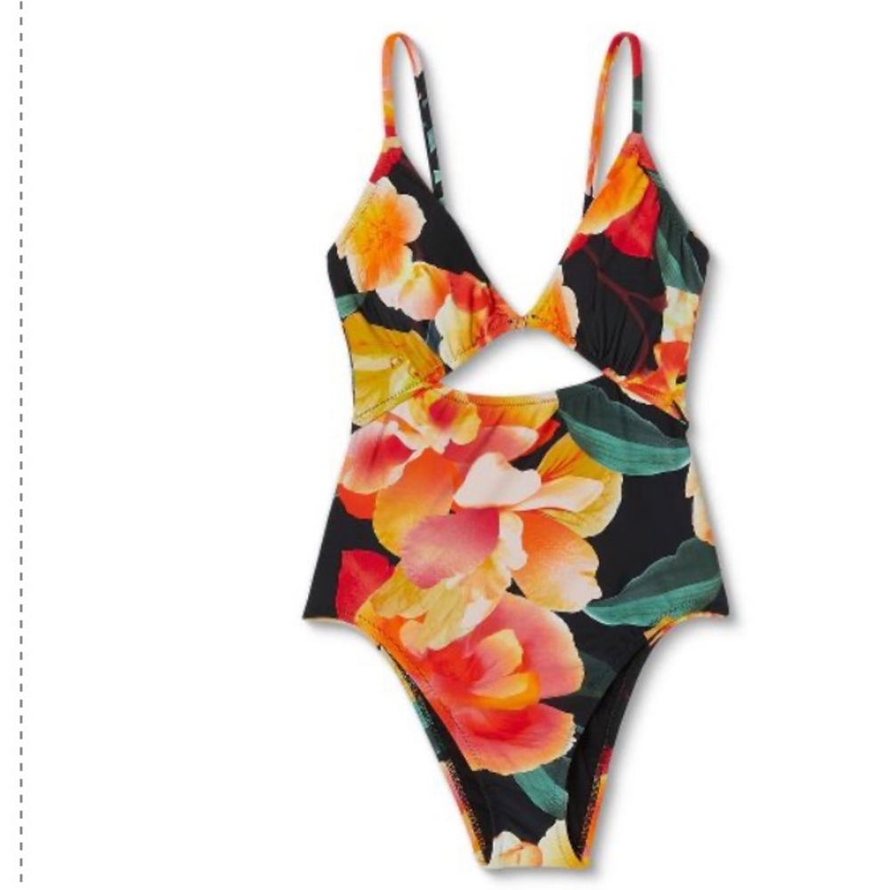 Women's Front Keyhole Tie Back One PieceSwimsuit Shade & Shore Black Floral MED